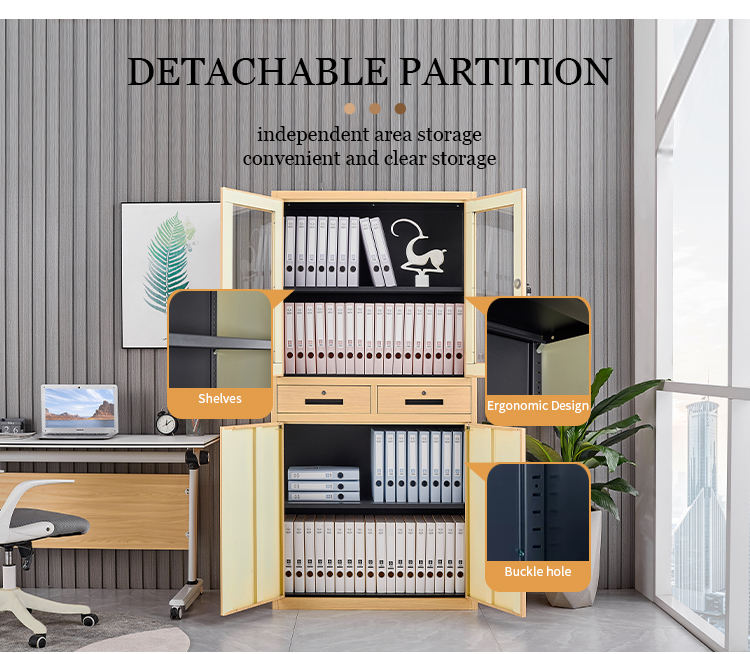 Armoire en métal de bureau à pleine hauteur avec 2 tiroirs en bois comme classeur en bois à grains de gratique