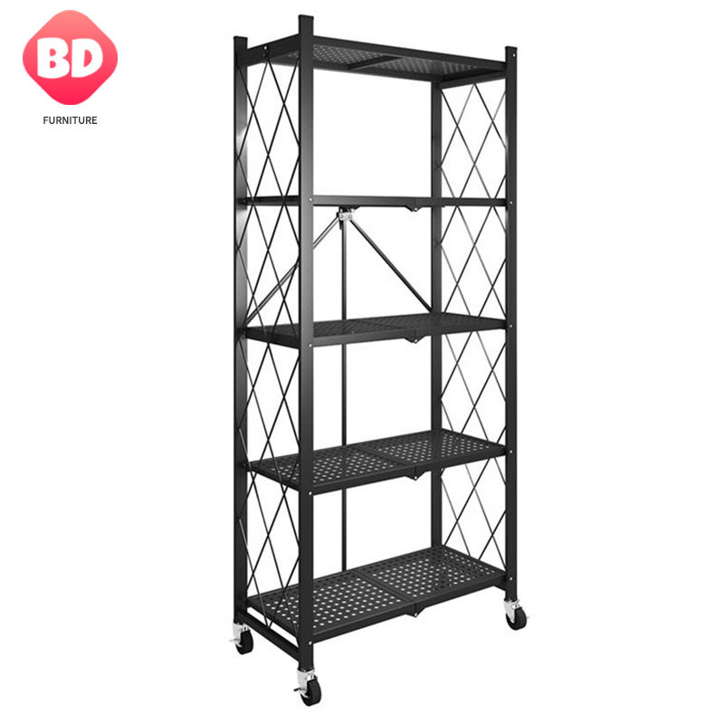 Rack de rangement pliable à 5 niveaux avec roues, rack d'affichage d'organisateur d'étagère métallique pour la cuisine de balcon, rack de rangement mince