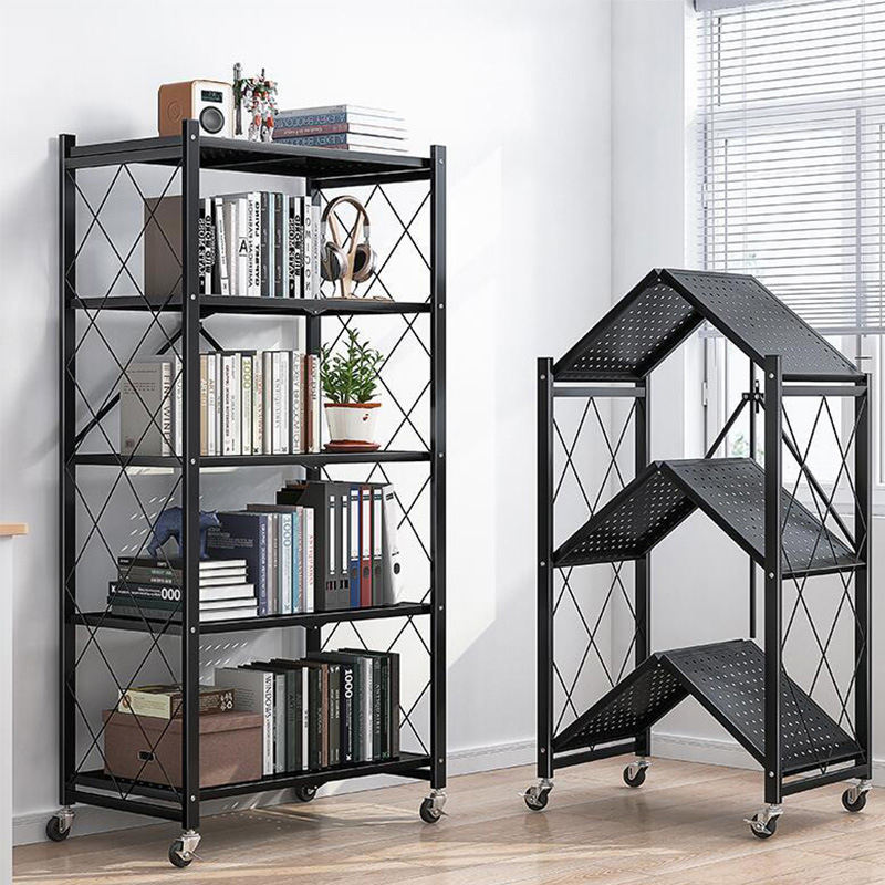 Rack de rangement pliable à 5 niveaux avec roues, rack d'affichage d'organisateur d'étagère métallique pour la cuisine de balcon, rack de rangement mince